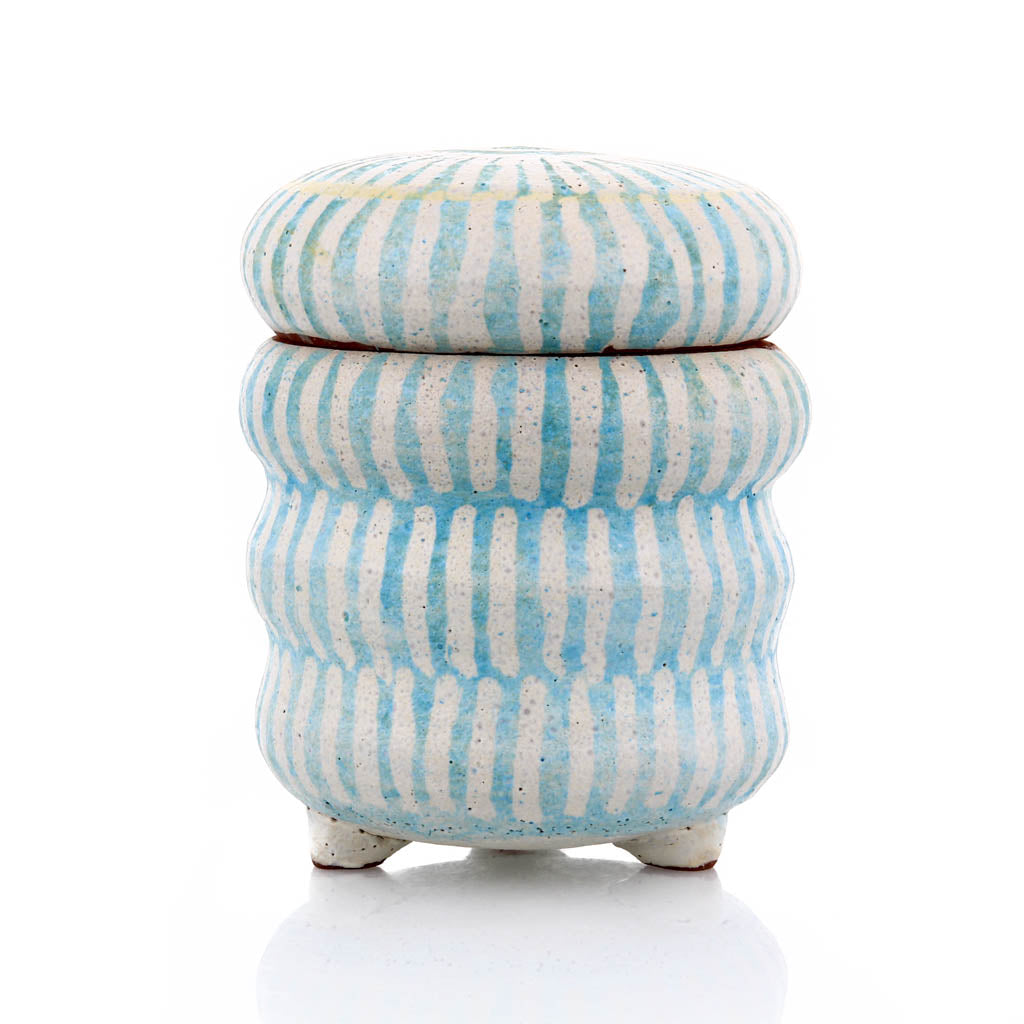Wayne Branum, Lidded Ceramics Jar in Blue and White with Lines