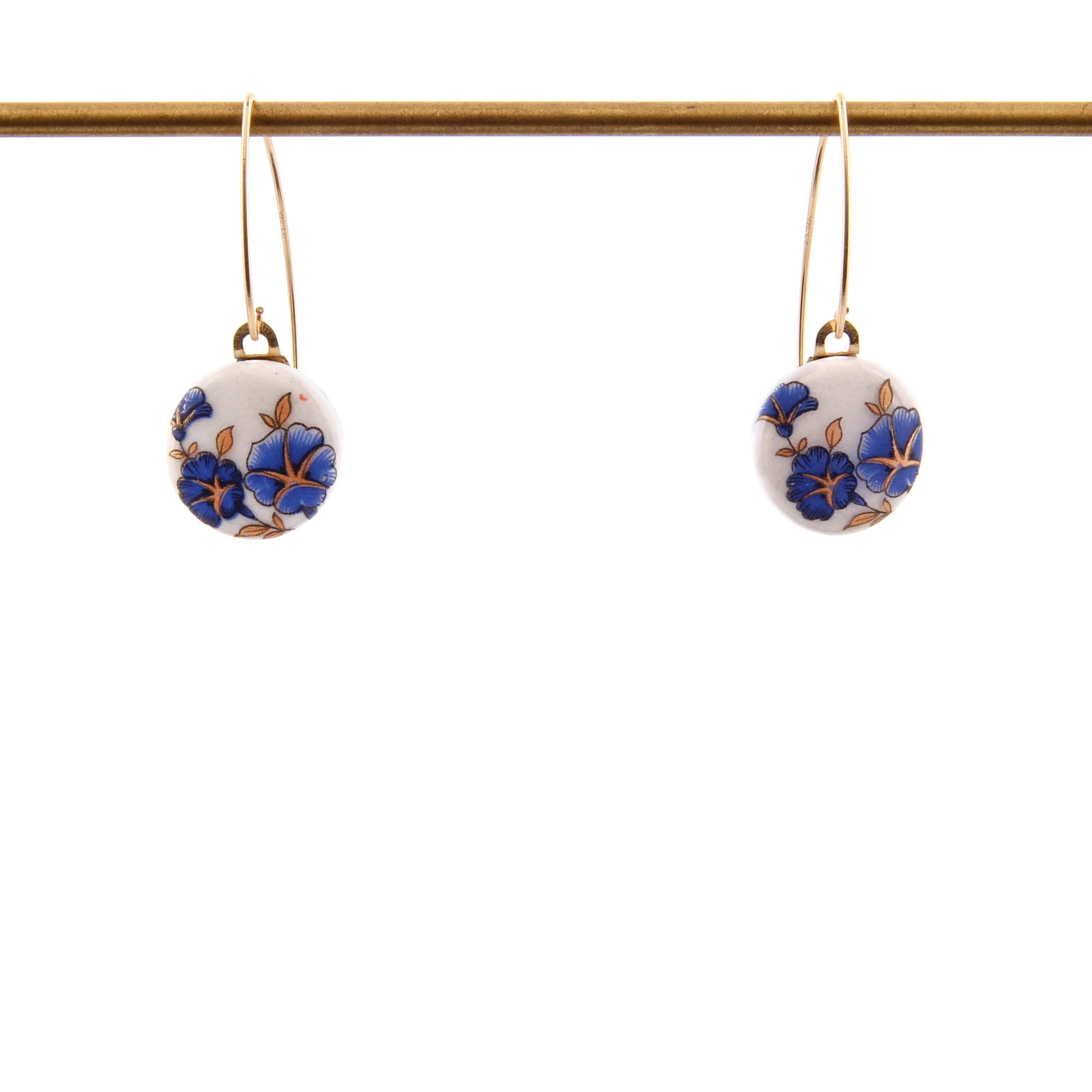 Melanie Sherman, Blue Flowers on White Porcelain Dangle Earrings